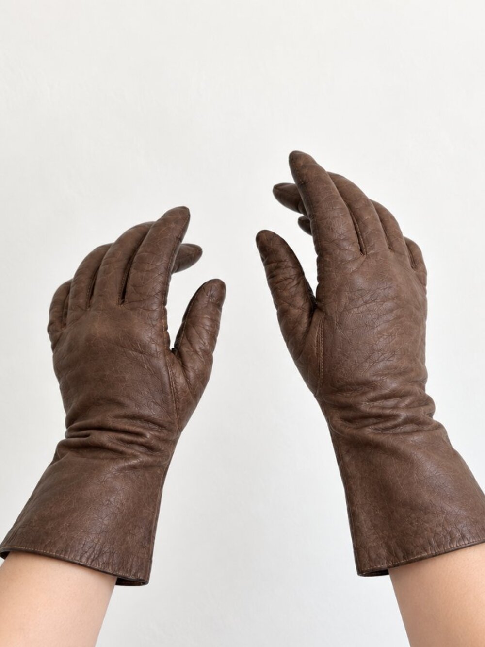 Vintage 1960s Ladylike Brown Leather Silk Lined Long Gloves France S